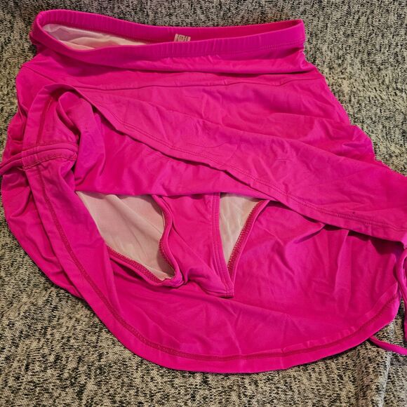 NWT SZ M Women's Tummy Control Ruched Drawstring High Waist Swim Skirt-Neon Pink - Picture 3 of 8